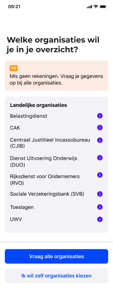 Organisatie selectiescherm