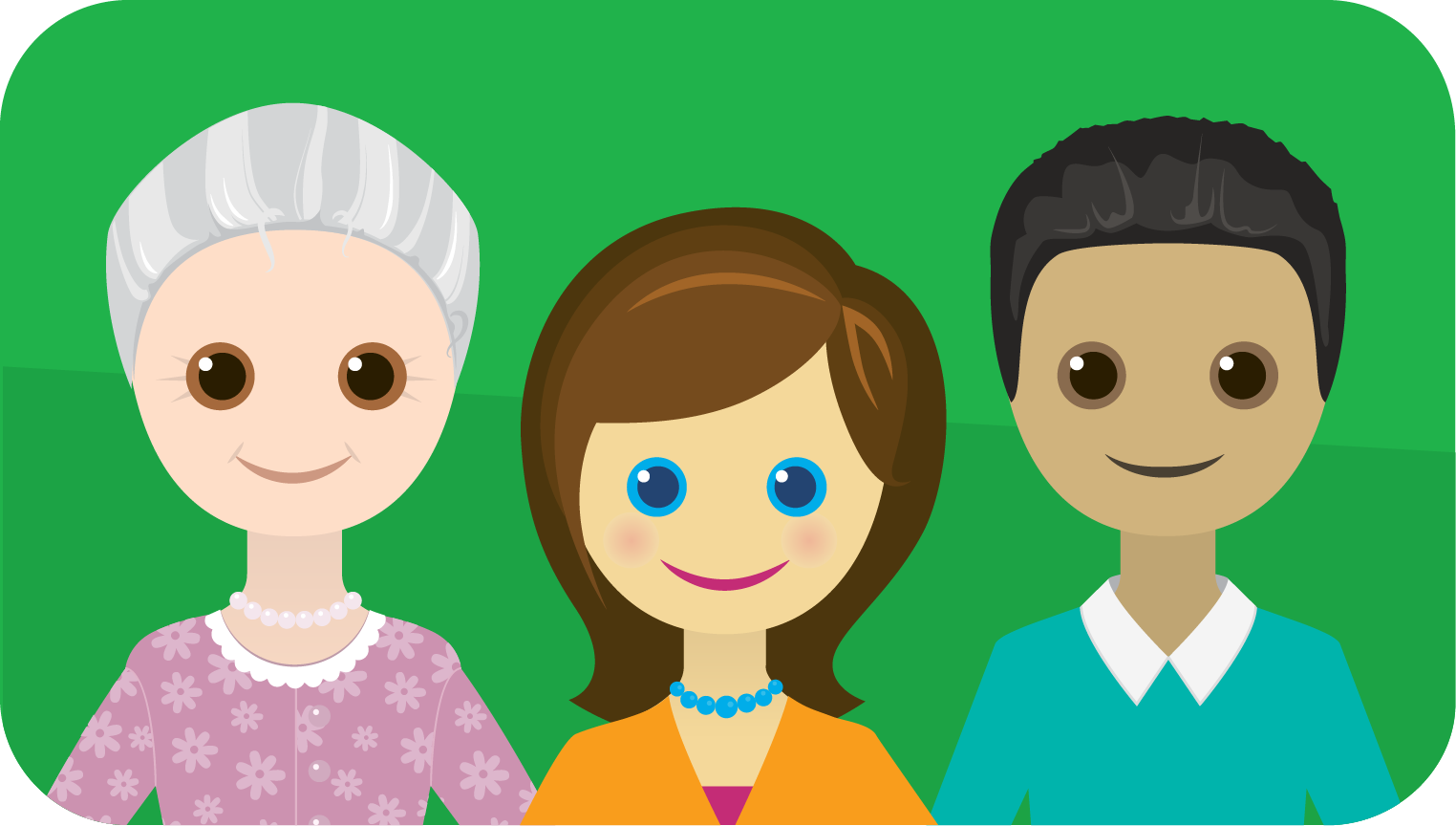 Drie personen in beeld, een oudere dame, een jonge dame en een jonge man