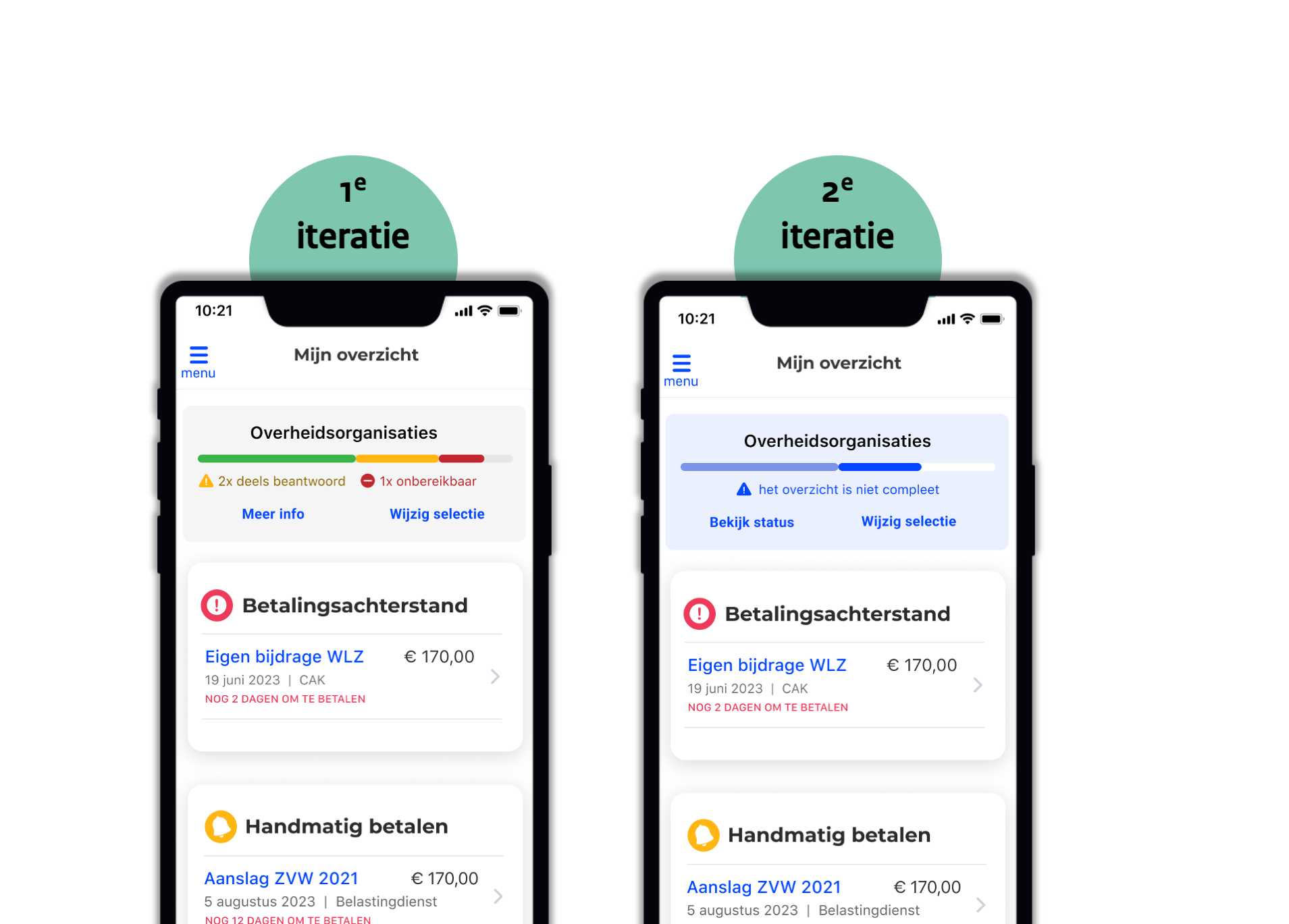 Twee schermontwerpen van de VO Rijk app met verschillende oplossingen voor de voortgangs balk.