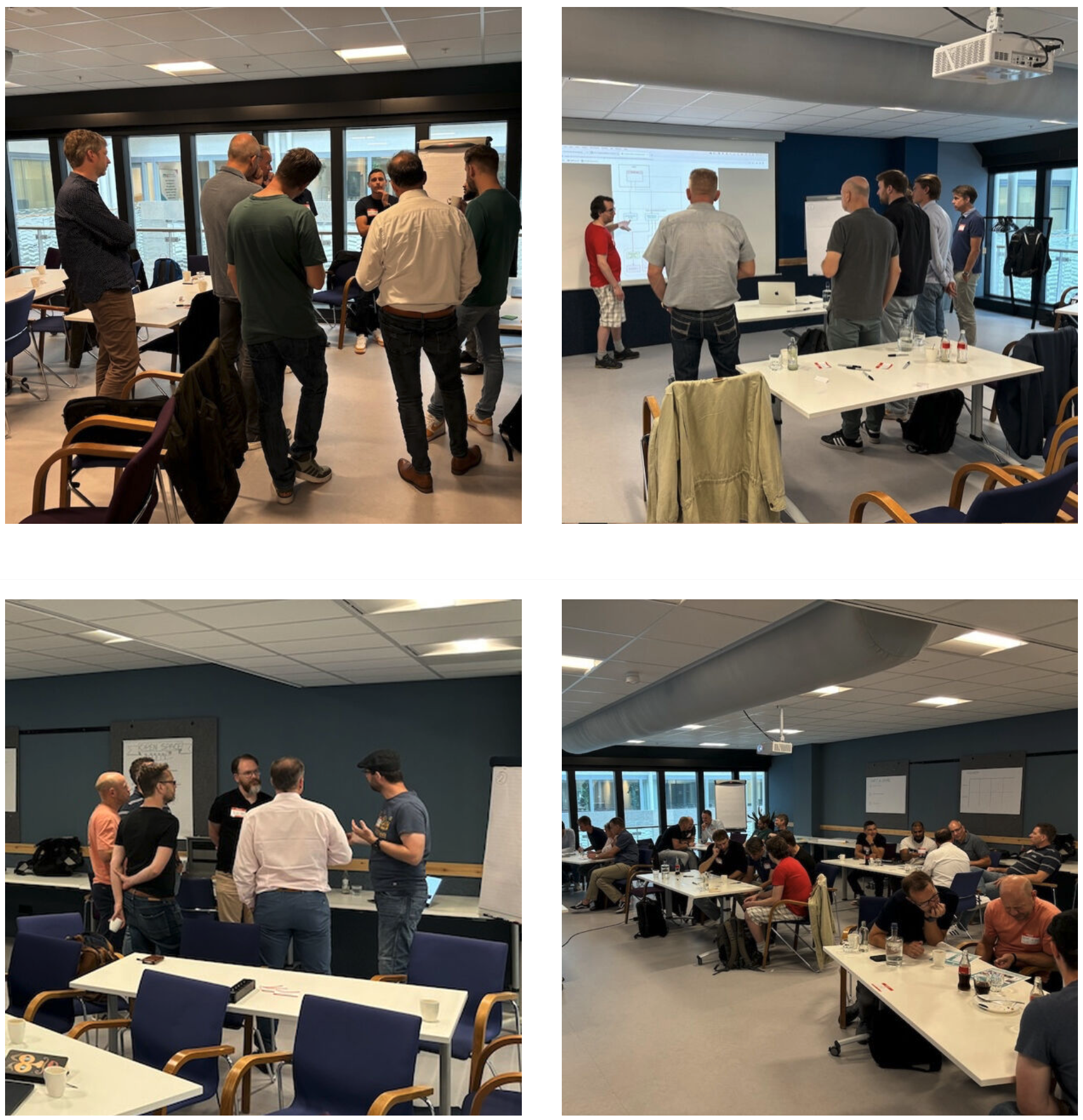 Vier foto's van een bijeenkomst met mensen die samen in workshops aan het werk zijn.